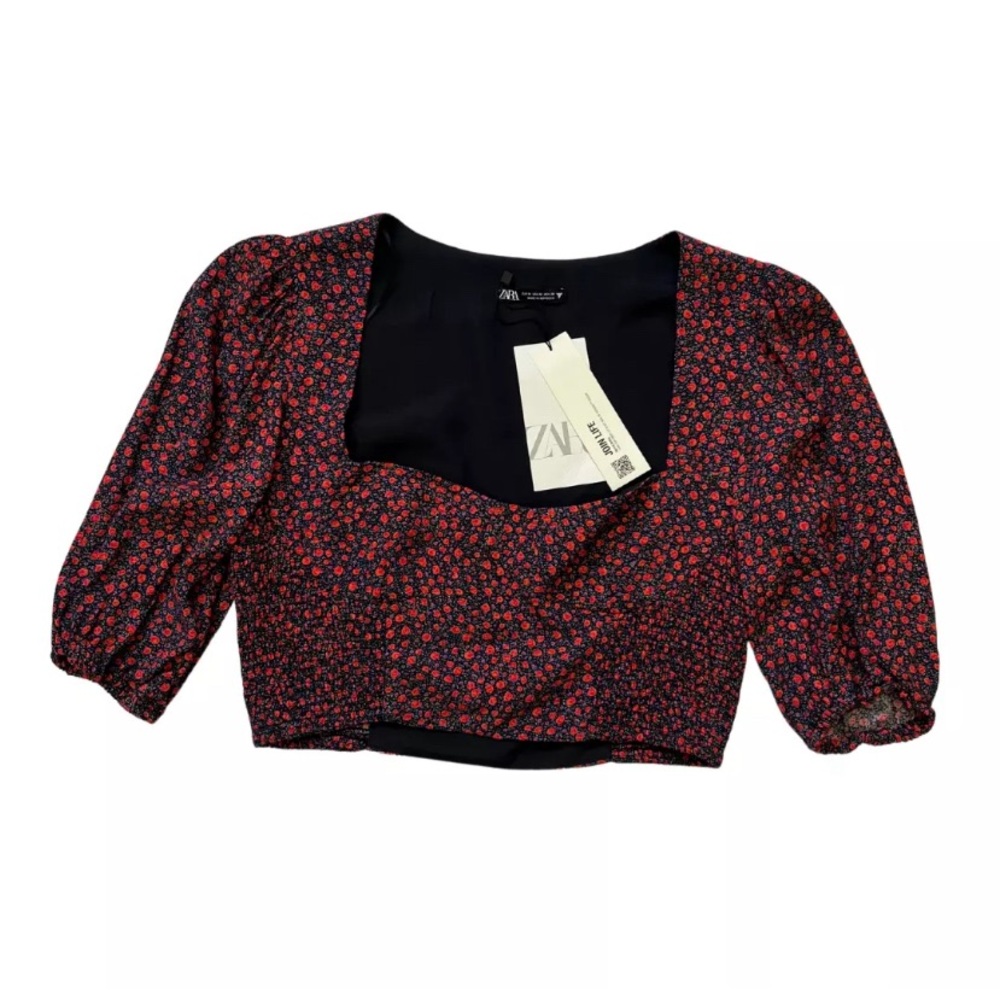 ZARA Women's Red & Black Floral‎ Puff Sleeve Sweetheart Crop Top Size M, NWT